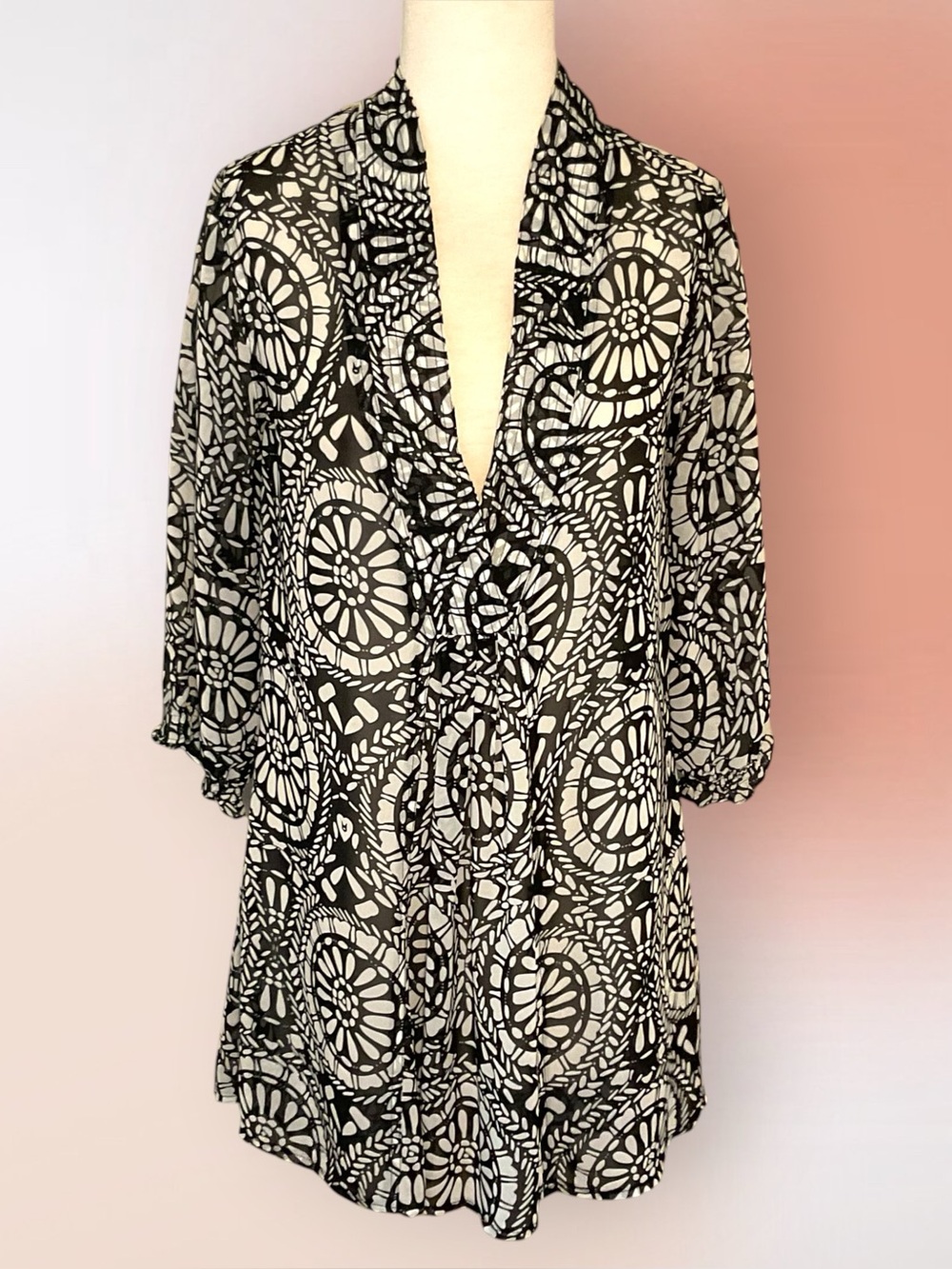 Papillon Semi Sheer High Low Geometric Print Tunic Size Med